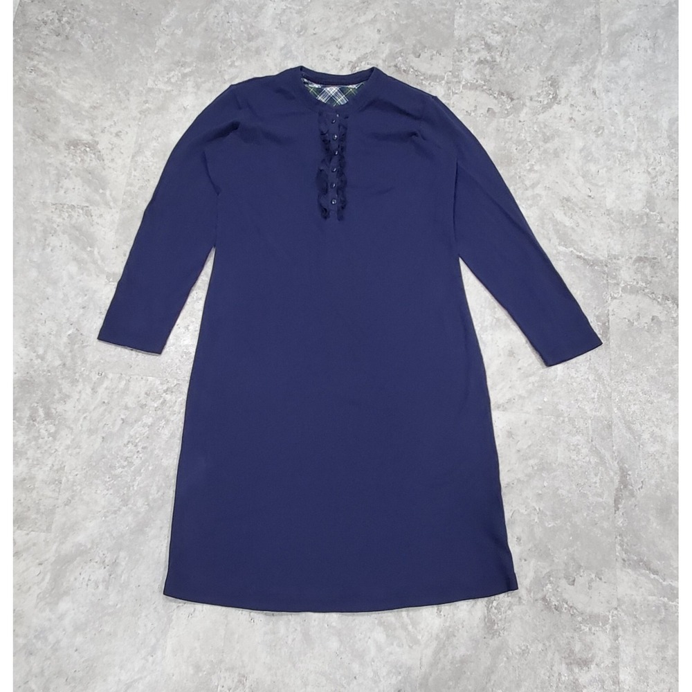LL Bean Women's Navy Blue Cotton Long Sleeve Crew Neck Nightgown Size M Ruffle
